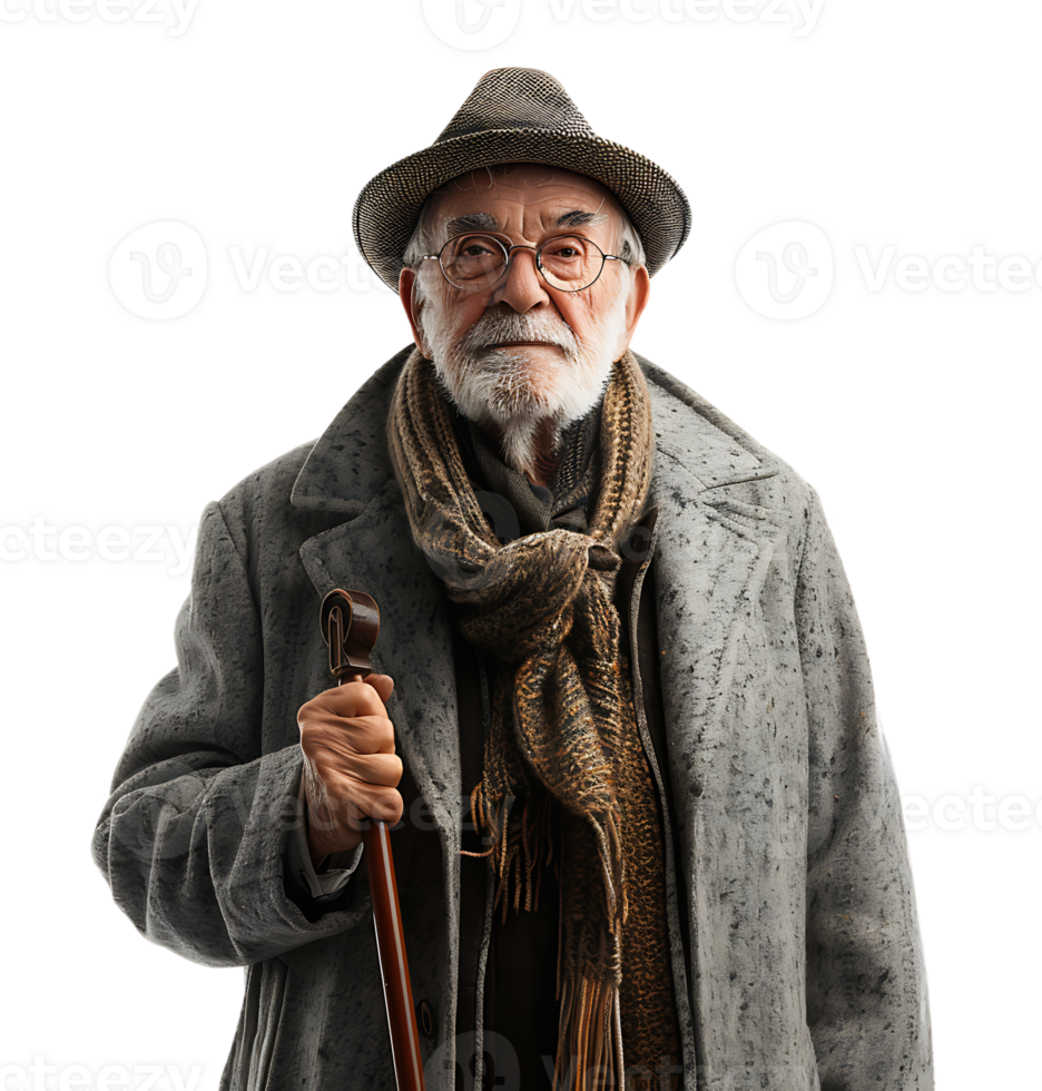 An old man with a cane and a hat on it on isolated transparent background png