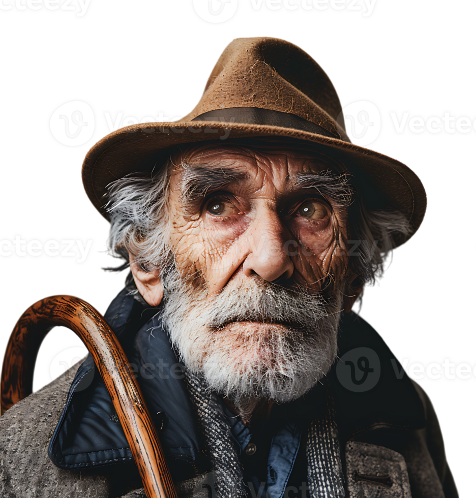 An old man with a cane and a hat on it on isolated transparent background png