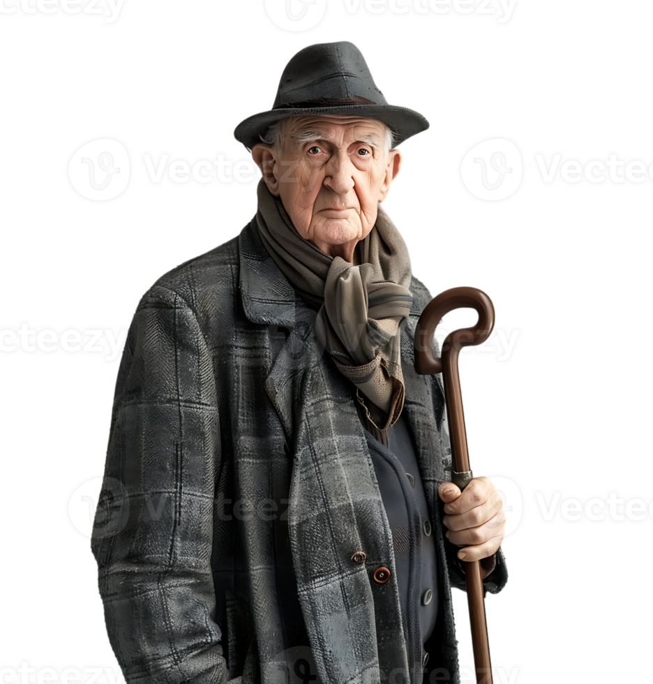 An old man with a cane and a hat on it on isolated transparent background png