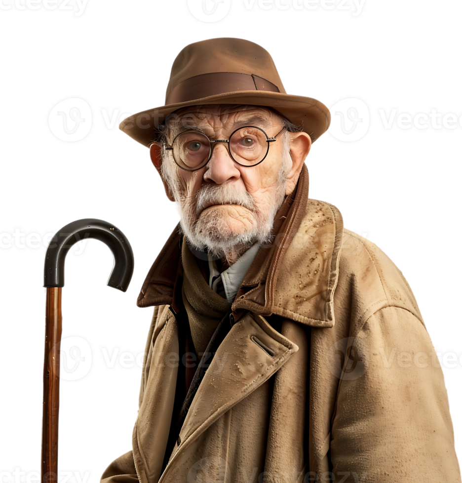 An old man with a cane and a hat on it on isolated transparent background png