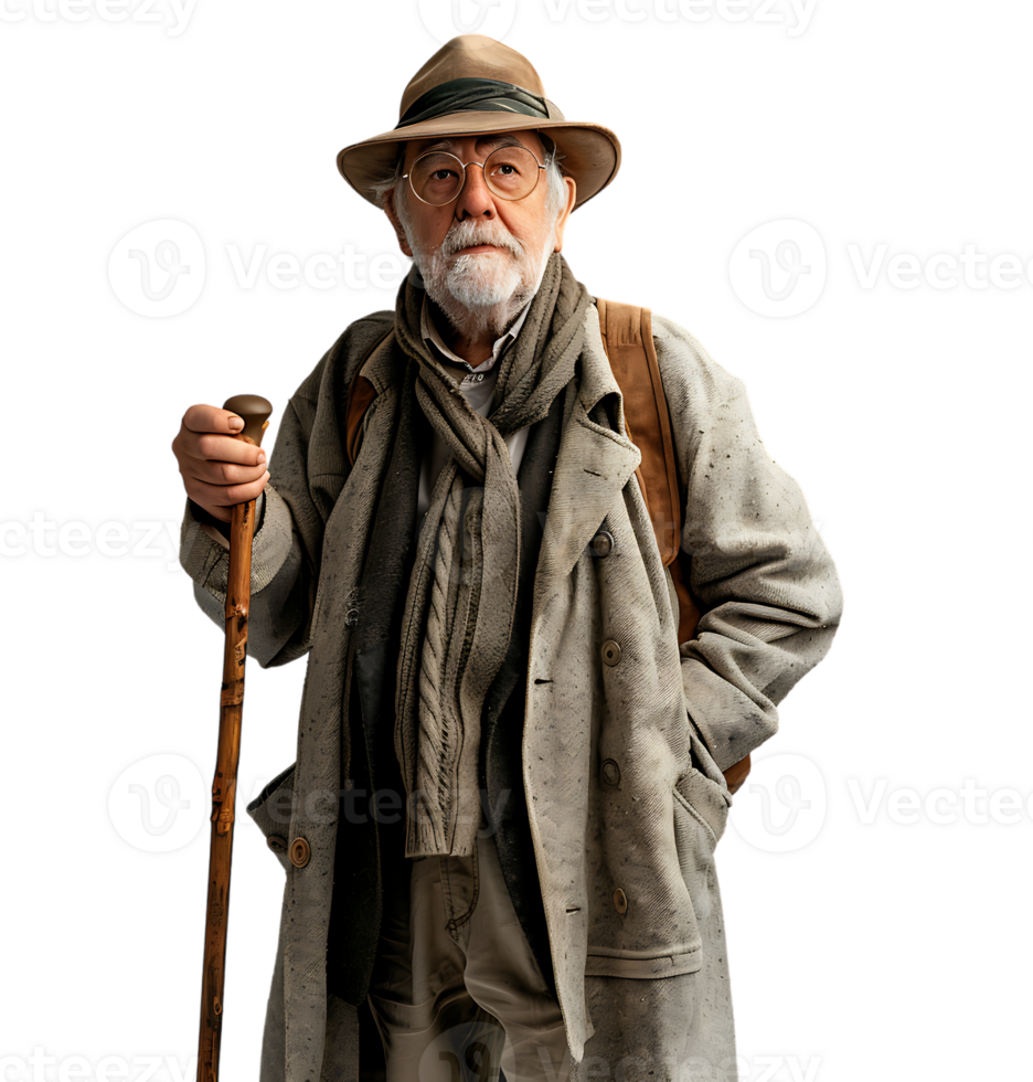 An old man with a cane and a hat on it on isolated transparent background png