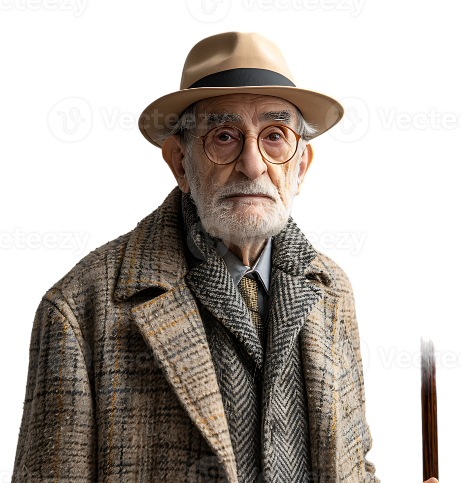 An old man with a cane and a hat on it on isolated transparent background png