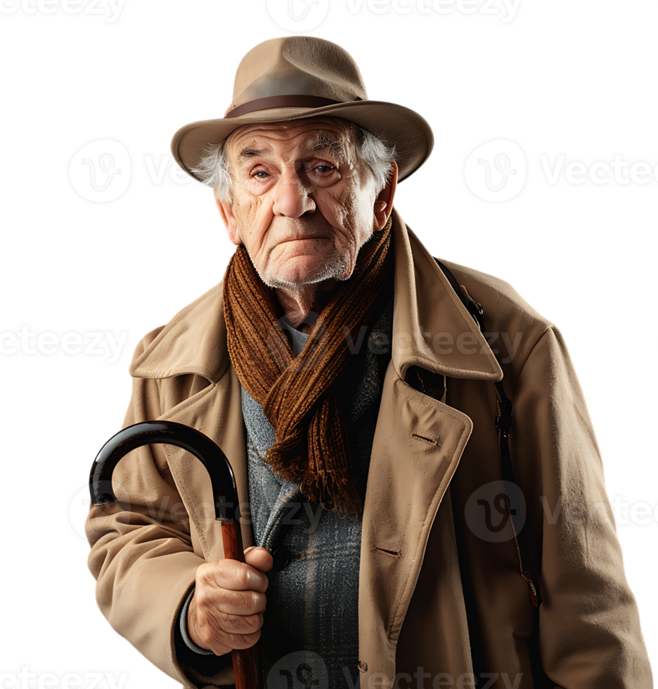 An old man with a cane and a hat on it on isolated transparent background png