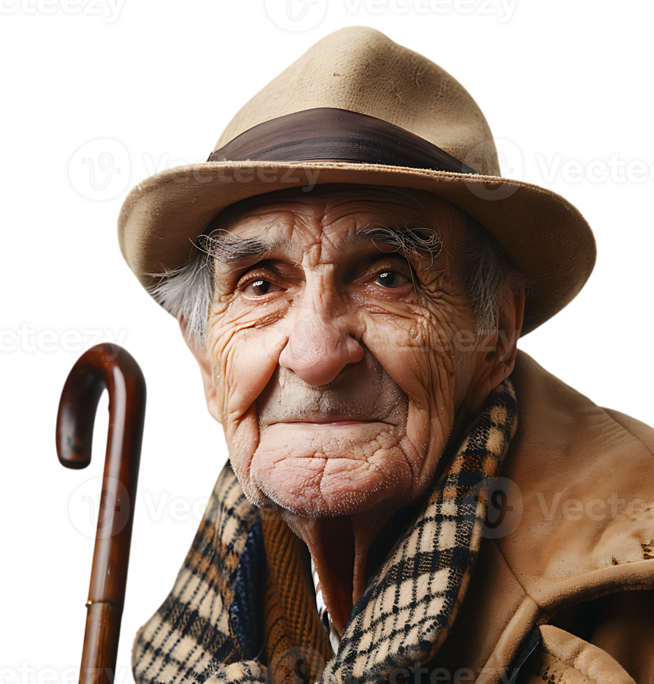 An old man with a cane and a hat on it on isolated transparent background png