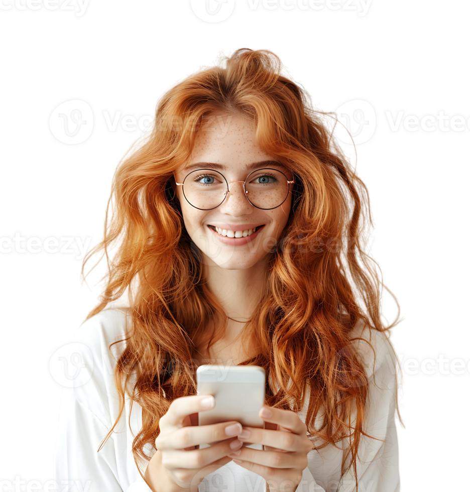 Happy smiling redhead girl holding smartphone in hands in spectacles on isolated transparent background png