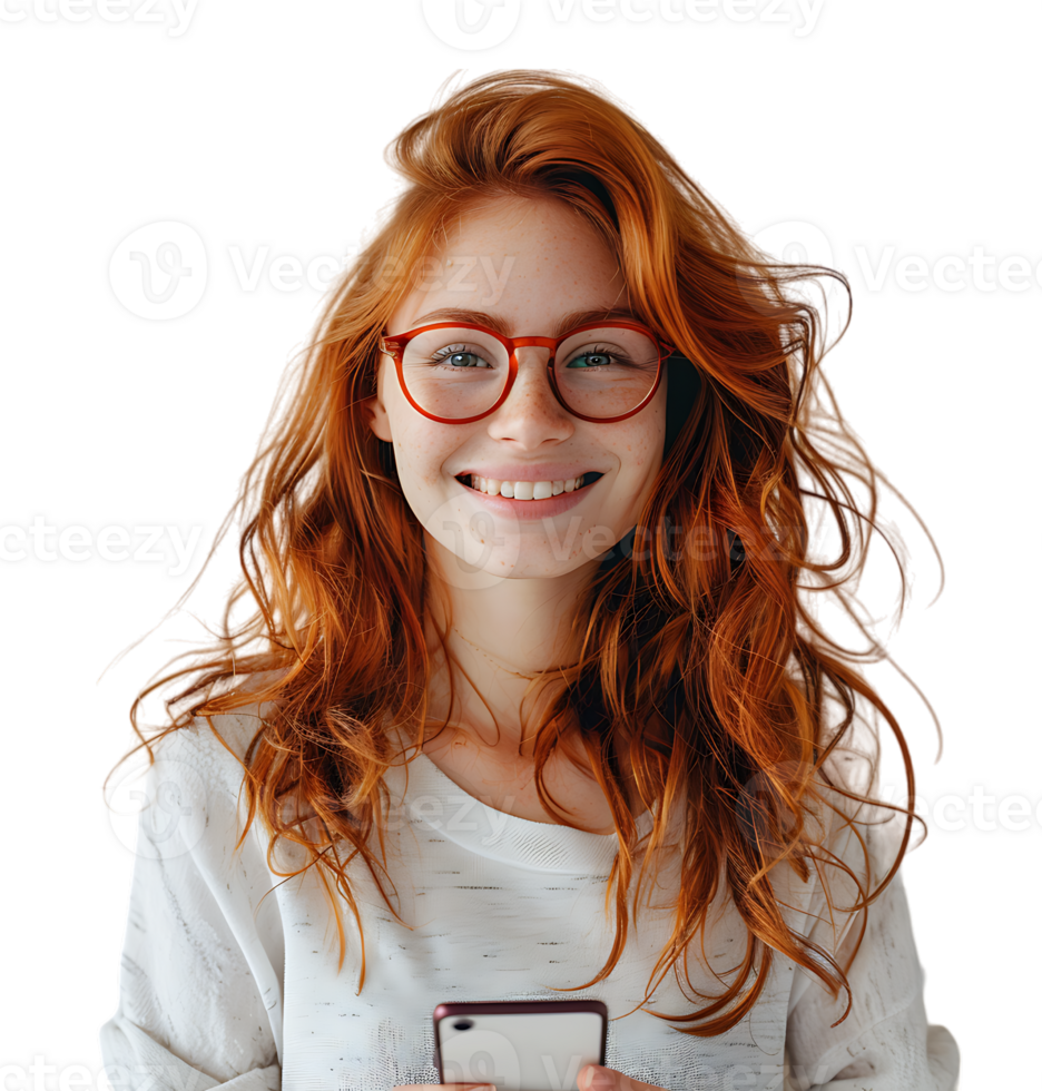 Happy smiling redhead girl holding smartphone in hands in spectacles on isolated transparent background png