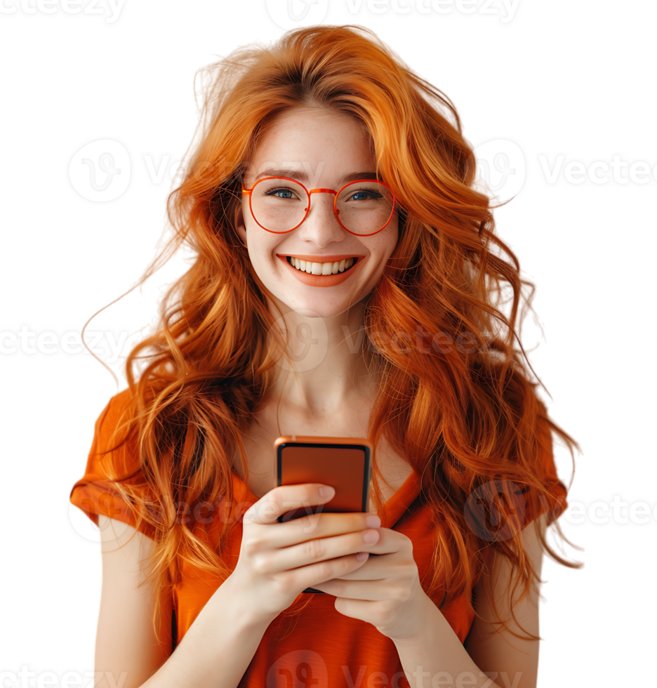 Happy smiling redhead girl holding smartphone in hands in spectacles on isolated transparent background png