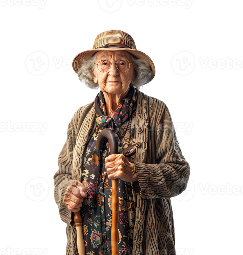 An old woman with a cane and a hat on it on isolated transparent background png