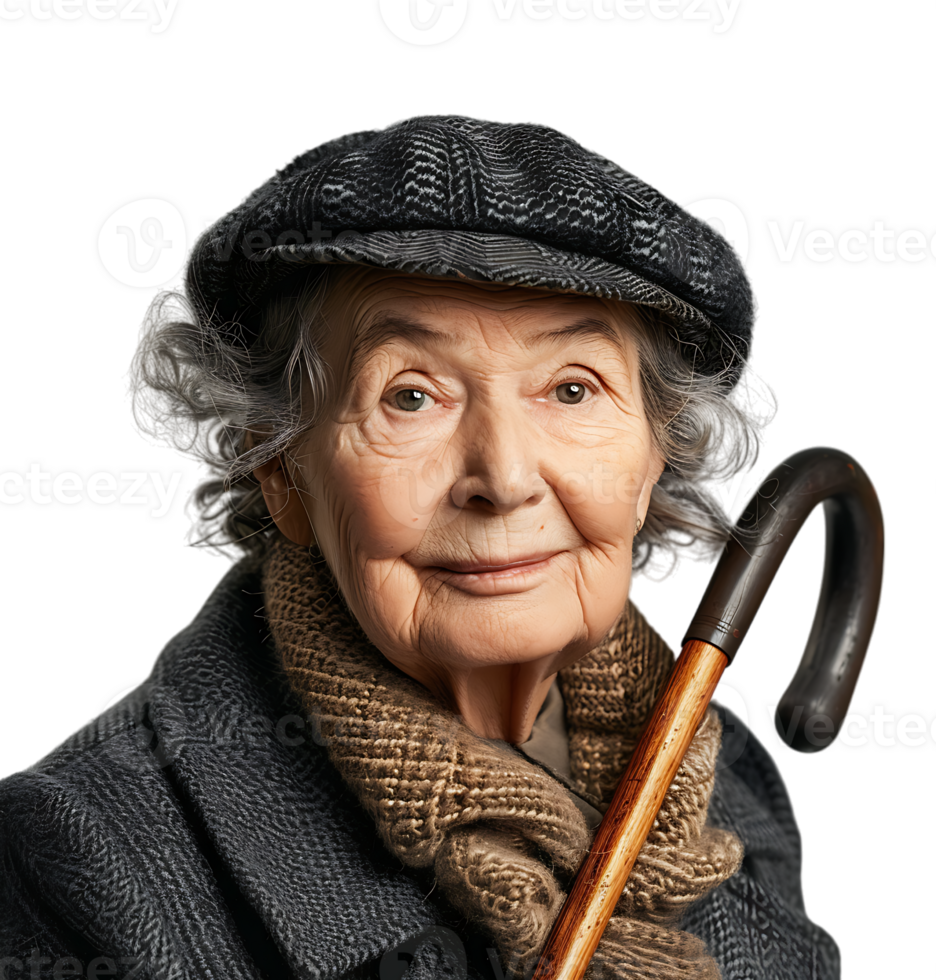An old woman with a cane and a hat on it on isolated transparent background png