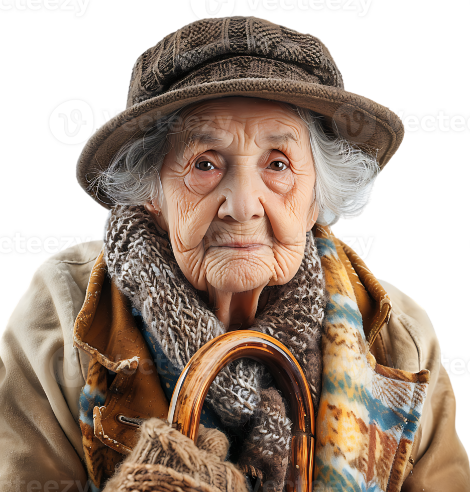 An old woman with a cane and a hat on it on isolated transparent background png