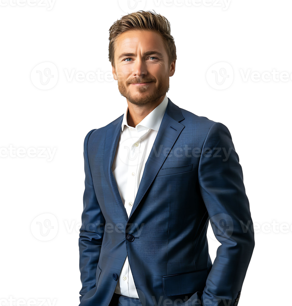 businessman in blue suit standing towards camera on isolated transparent background png