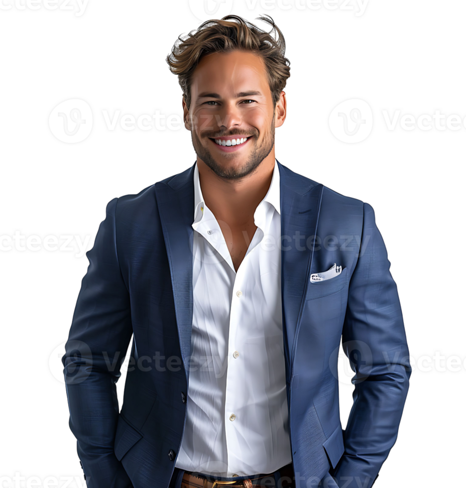 businessman in blue suit standing towards camera on isolated transparent background png