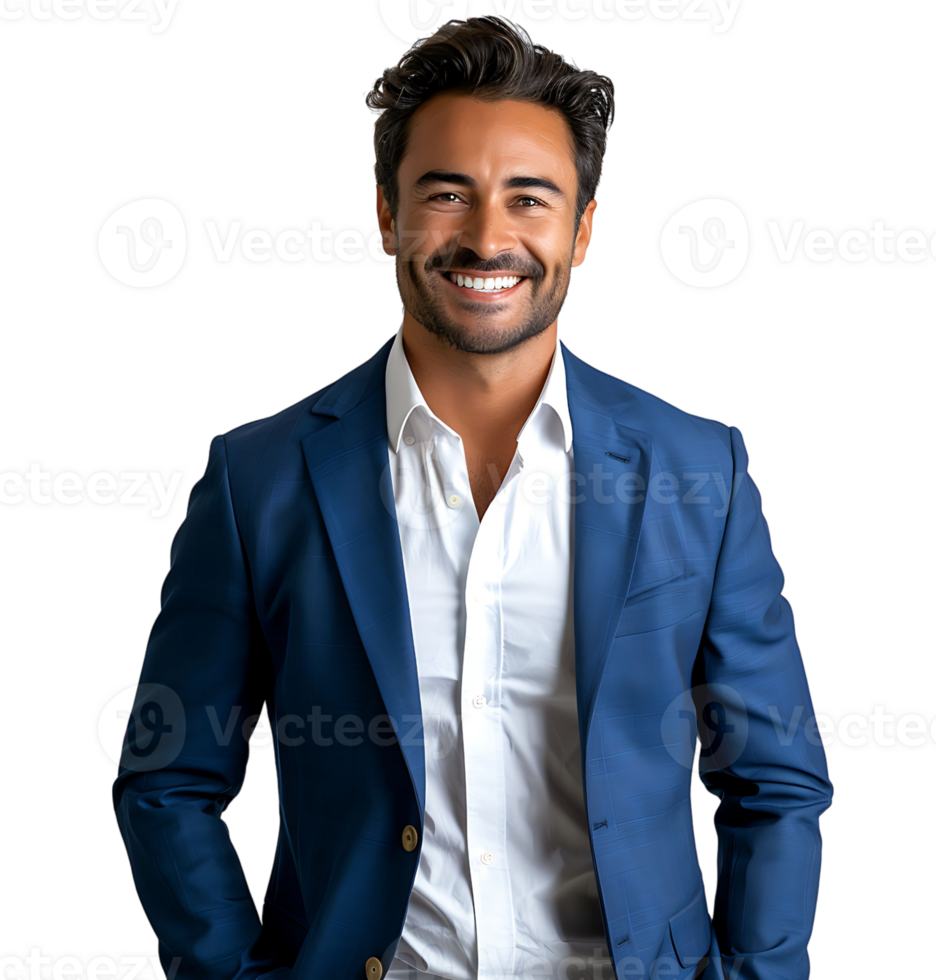 businessman in blue suit standing towards camera on isolated transparent background png