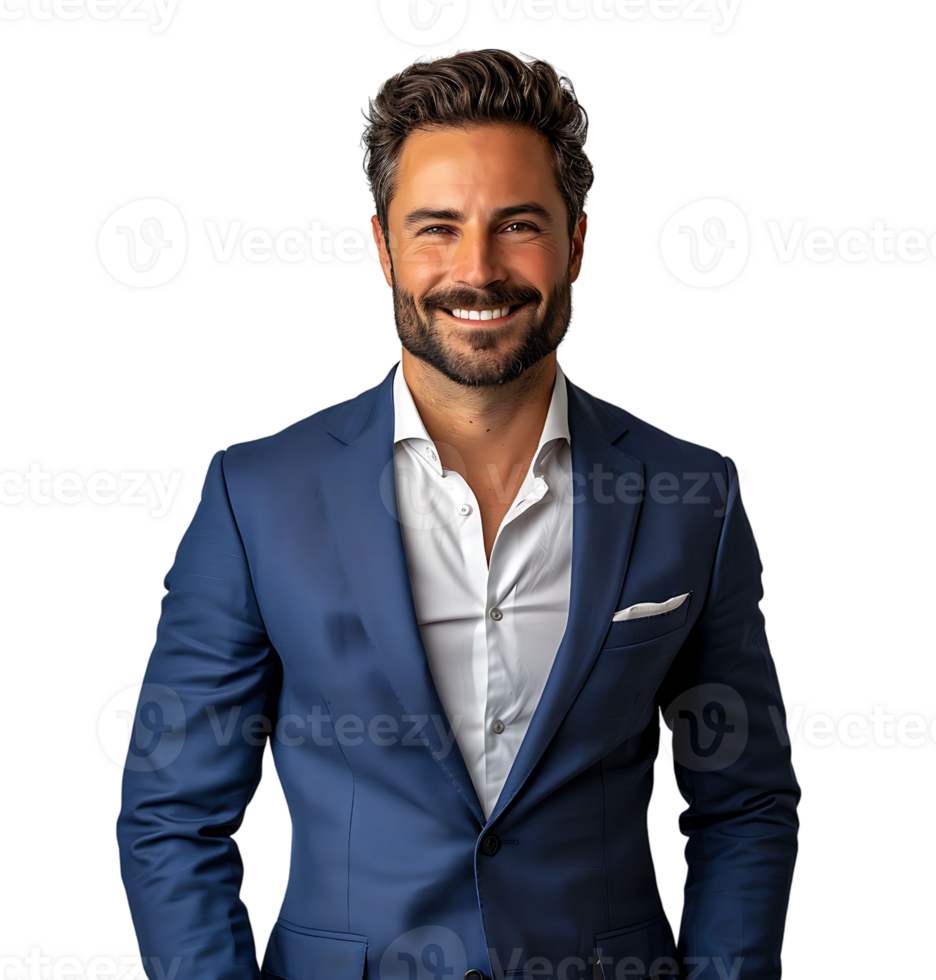 businessman in blue suit standing towards camera on isolated transparent background png