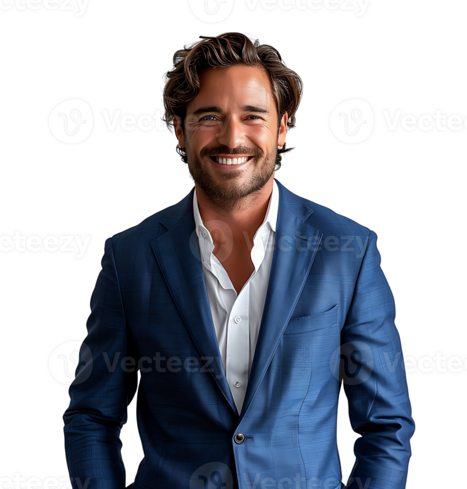 businessman in blue suit standing towards camera on isolated transparent background png