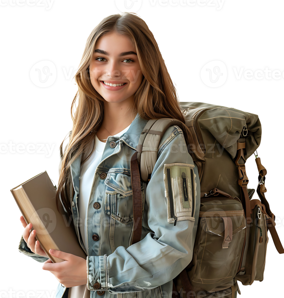 Female teen student with a backpack and books smiling on isolated transparent background png