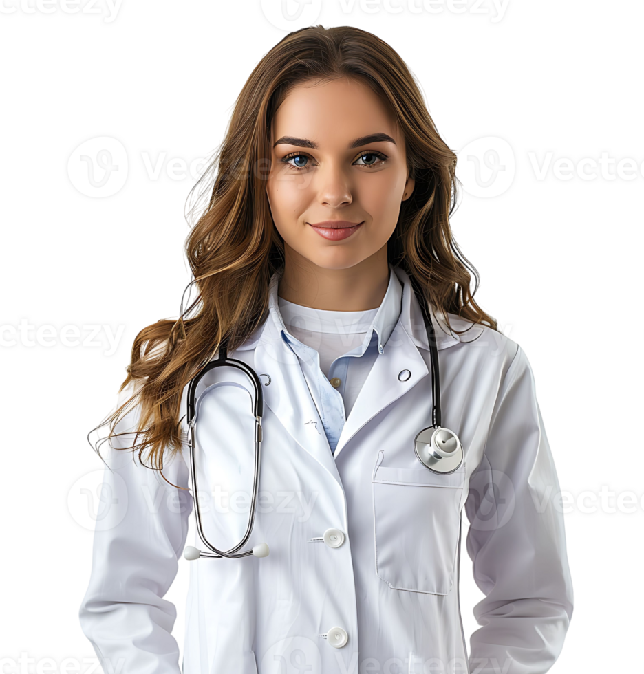 Medical concept of young female doctor in white coat with stethoscope on isolated transparent background png