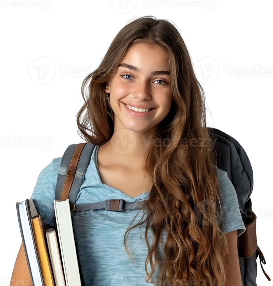 Female teen student with a backpack and books smiling on isolated transparent background png