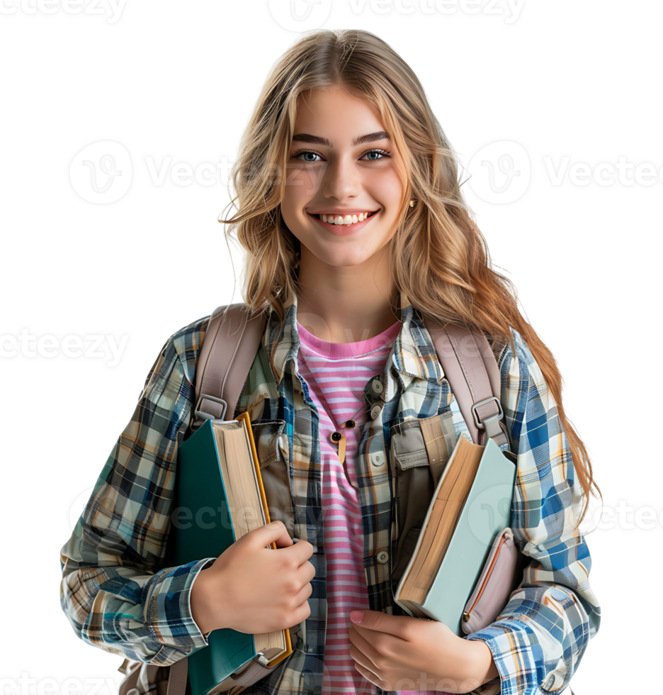 Female teen student with a backpack and books smiling on isolated transparent background png