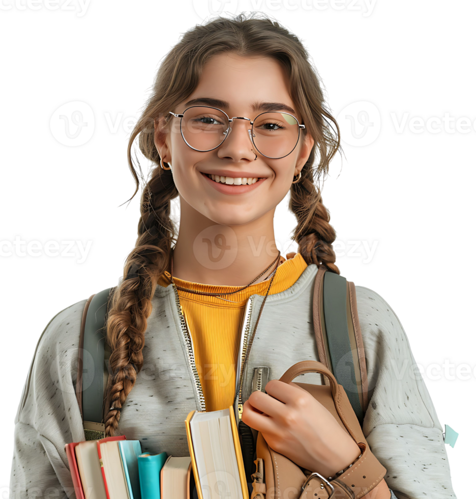 Female teen student with a backpack and books smiling on isolated transparent background png