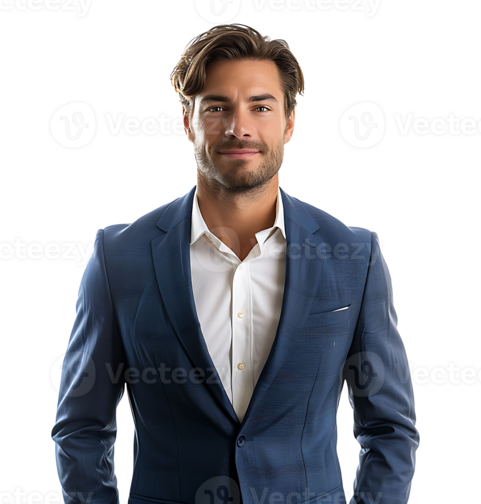businessman in blue suit standing towards camera on isolated transparent background png