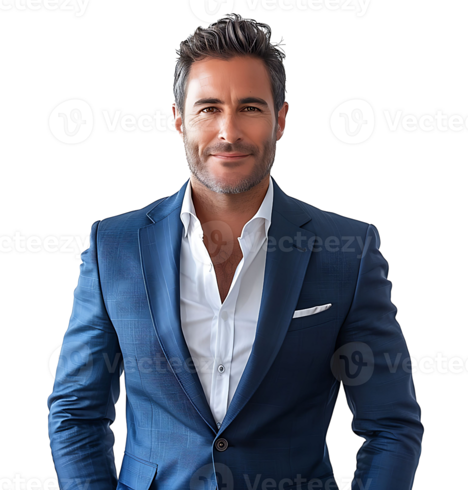 businessman in blue suit standing towards camera on isolated transparent background png