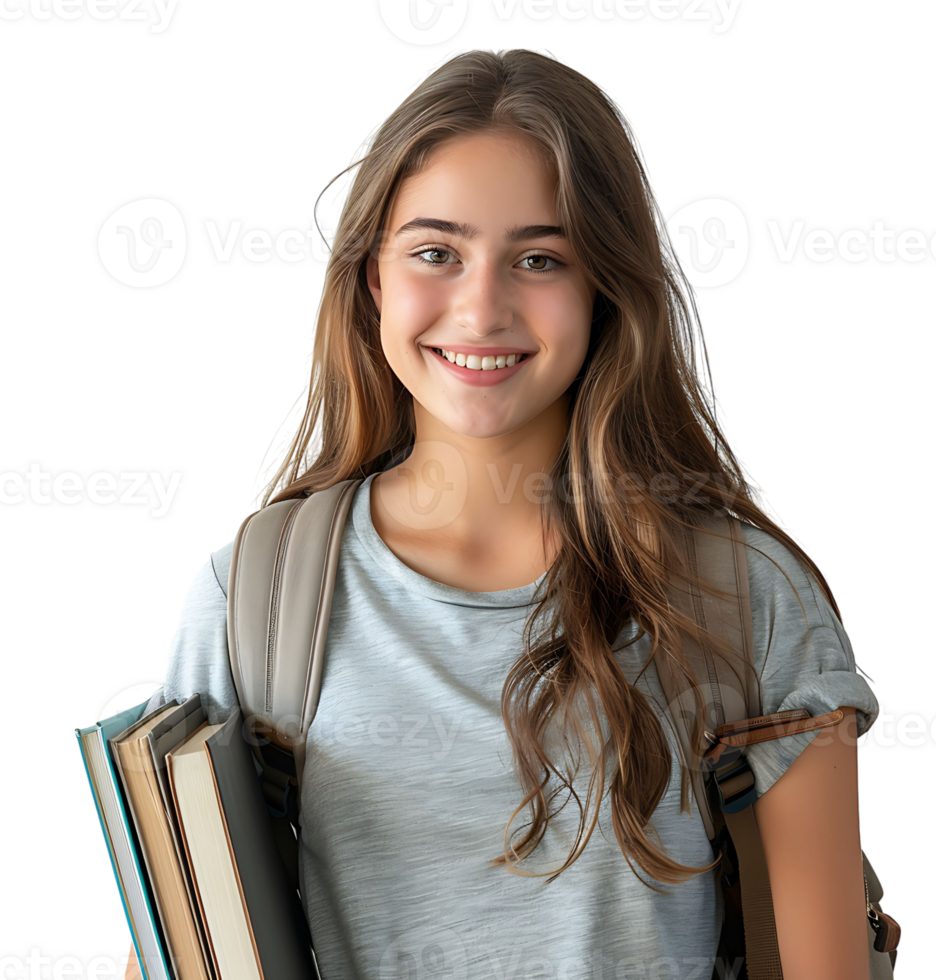 Female teen student with a backpack and books smiling on isolated transparent background png