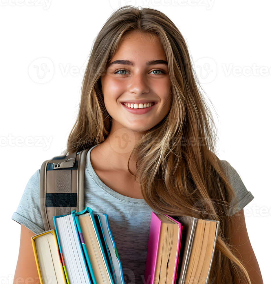 Female teen student with a backpack and books smiling on isolated transparent background png