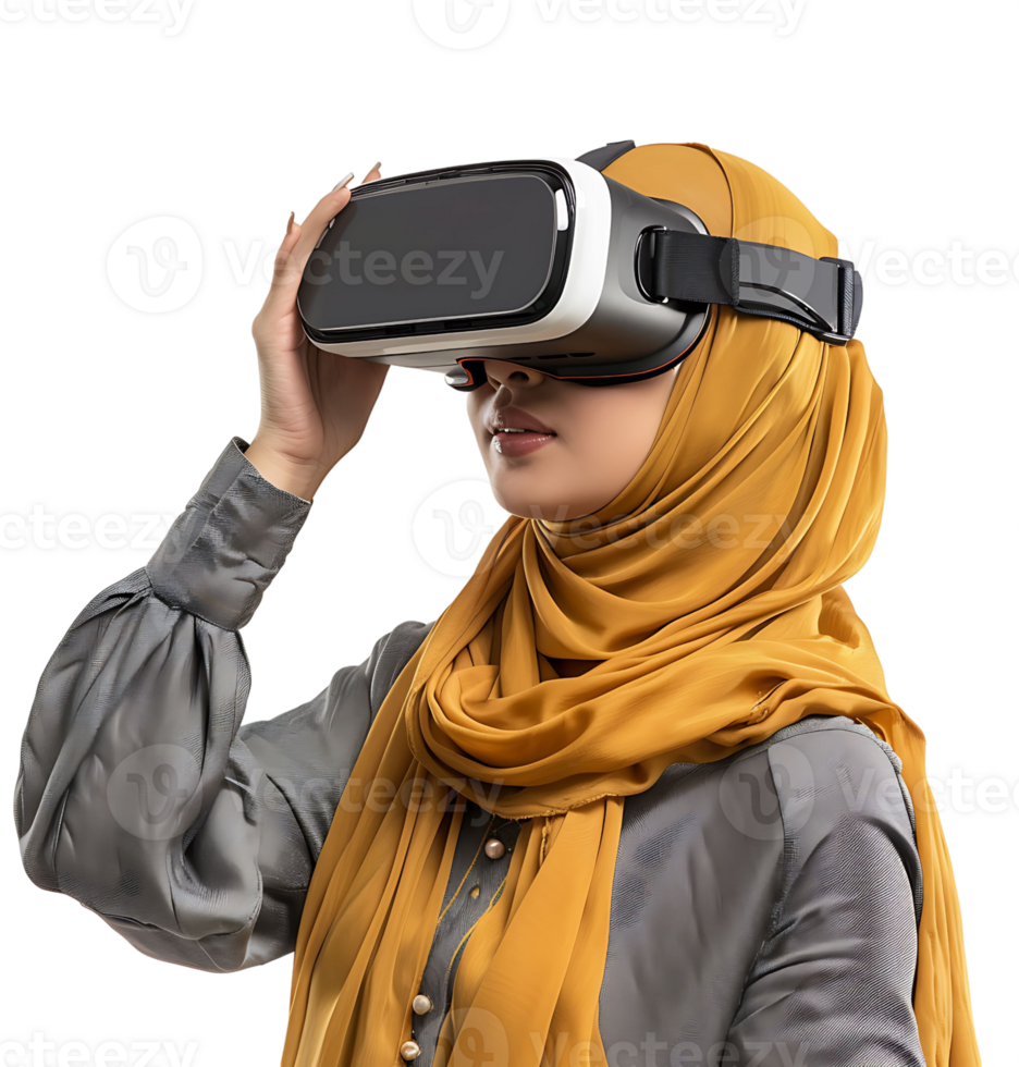 Muslim young woman wearing vr headset on isolated transparent background png