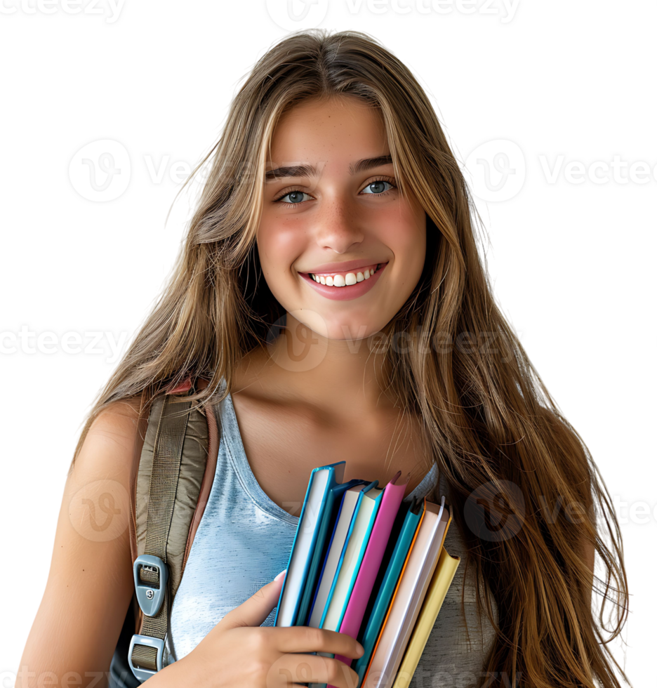 Female teen student with a backpack and books smiling on isolated transparent background png