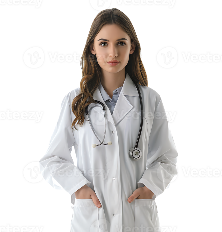 Medical concept of young female doctor in white coat with stethoscope on isolated transparent background png