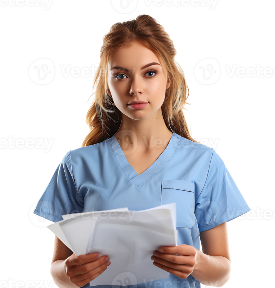 Nurse with documents in hands on isolated transparent background png