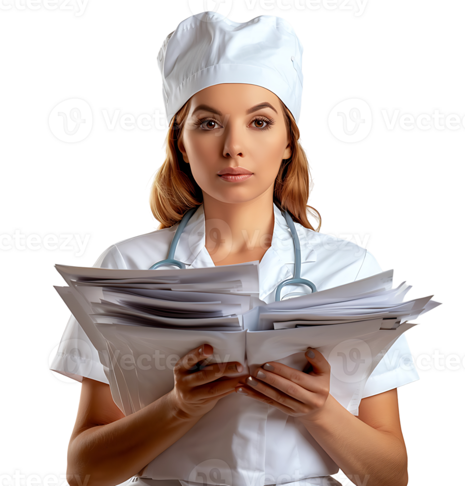 Nurse with documents in hands on isolated transparent background png