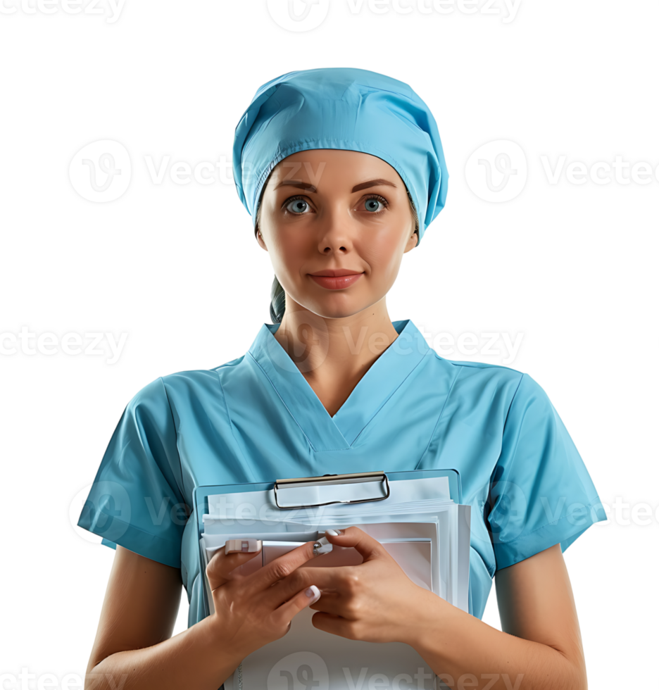 Nurse with documents in hands on isolated transparent background png