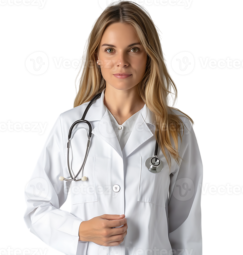 Medical concept of young female doctor in white coat with stethoscope on isolated transparent background png
