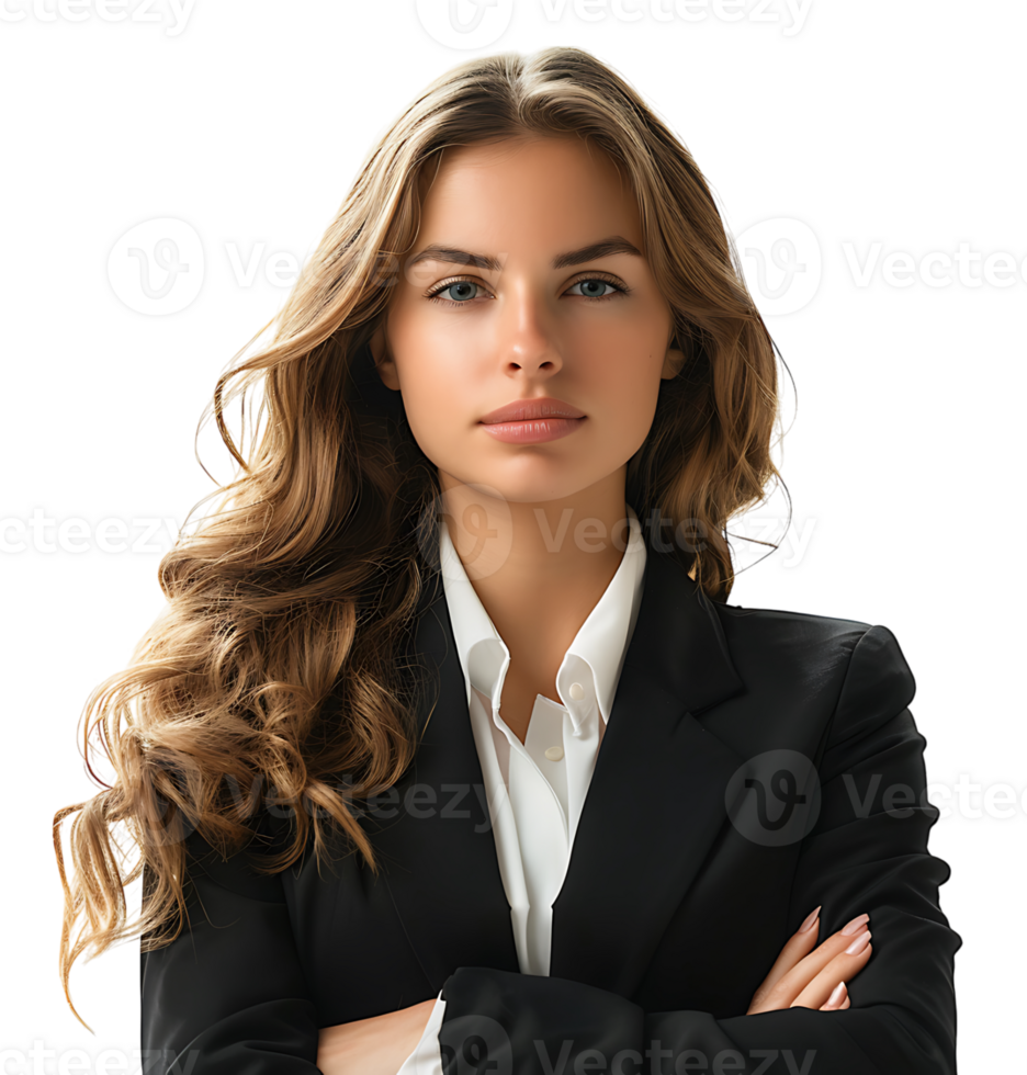 Portrait of smiling young woman with black suit on isolated transparent background png
