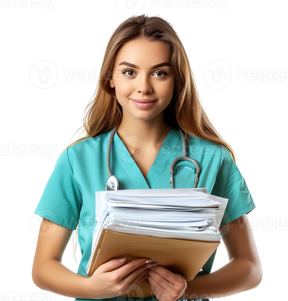 Nurse with documents in hands on isolated transparent background png