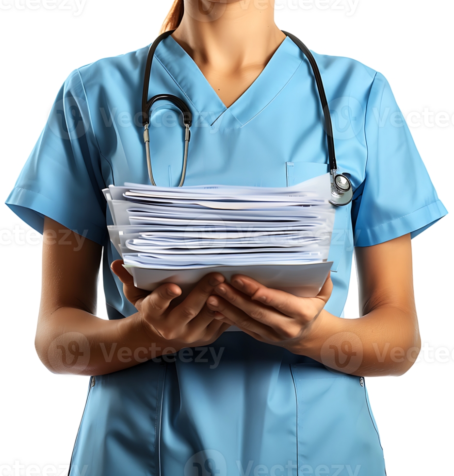 Nurse with documents in hands on isolated transparent background png