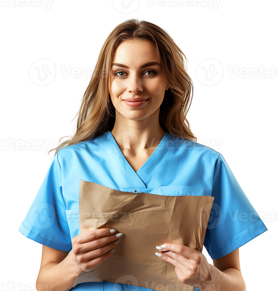 Nurse with documents in hands on isolated transparent background png
