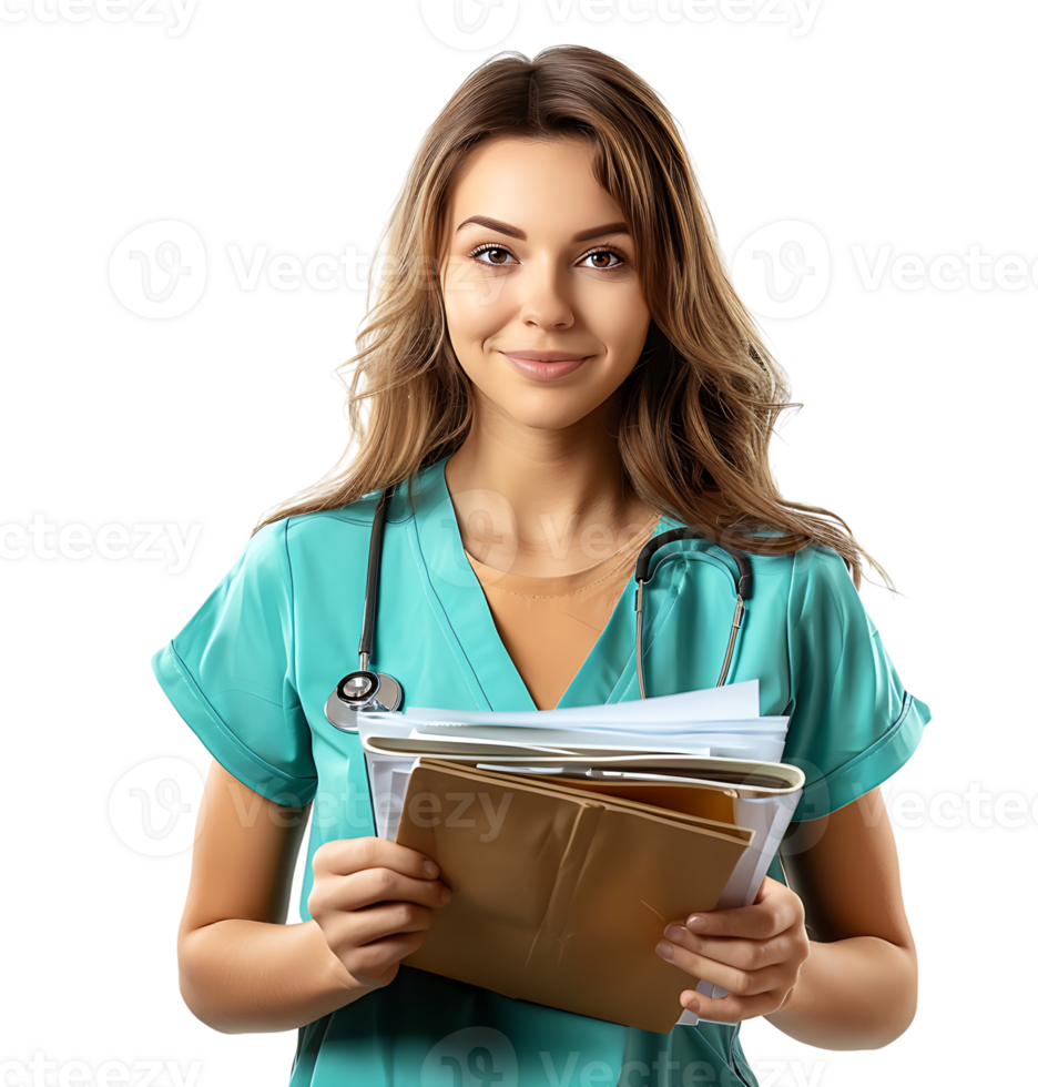 Nurse with documents in hands on isolated transparent background png