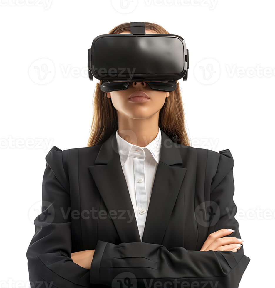 Confident female businesswoman wearing vr headset on isolated transparent background png