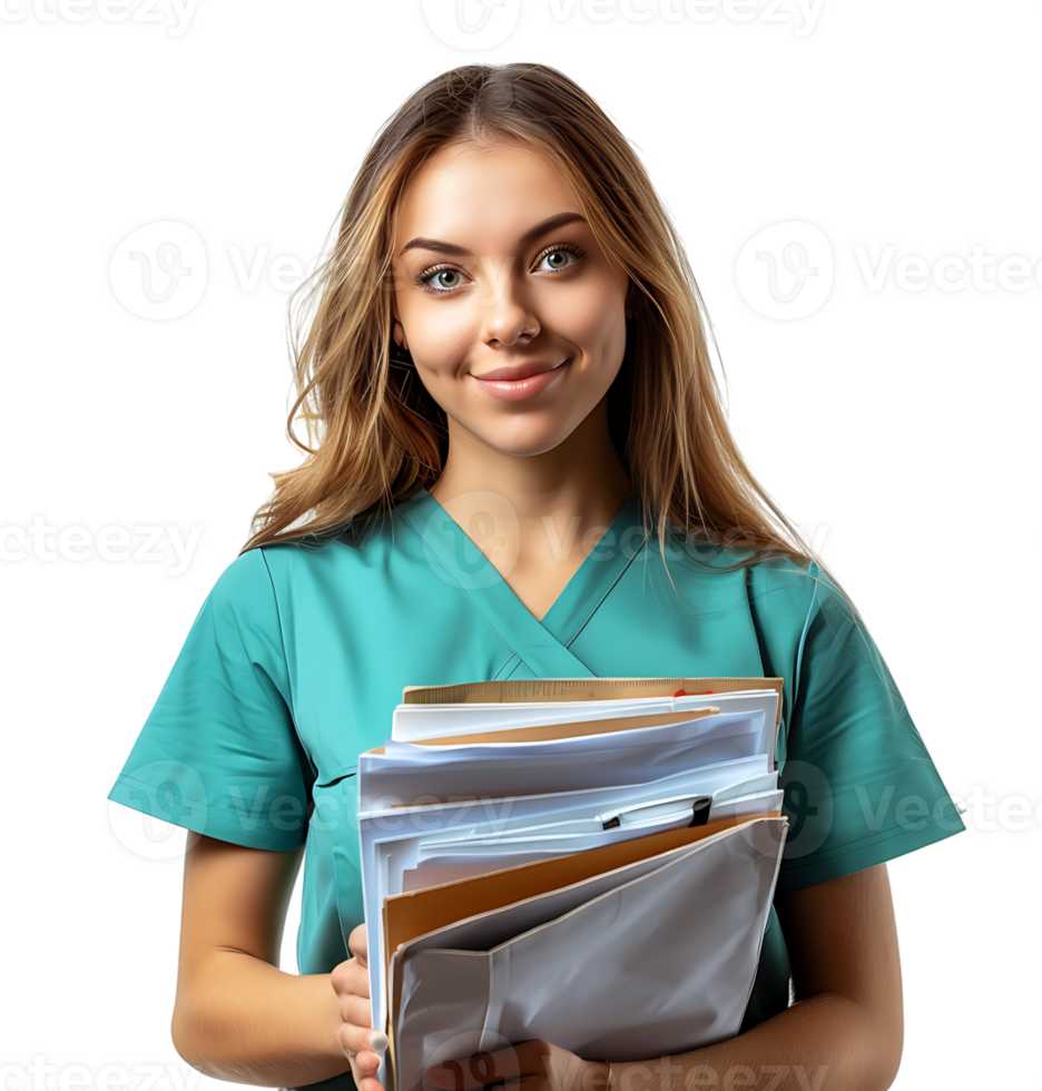 Nurse with documents in hands on isolated transparent background png