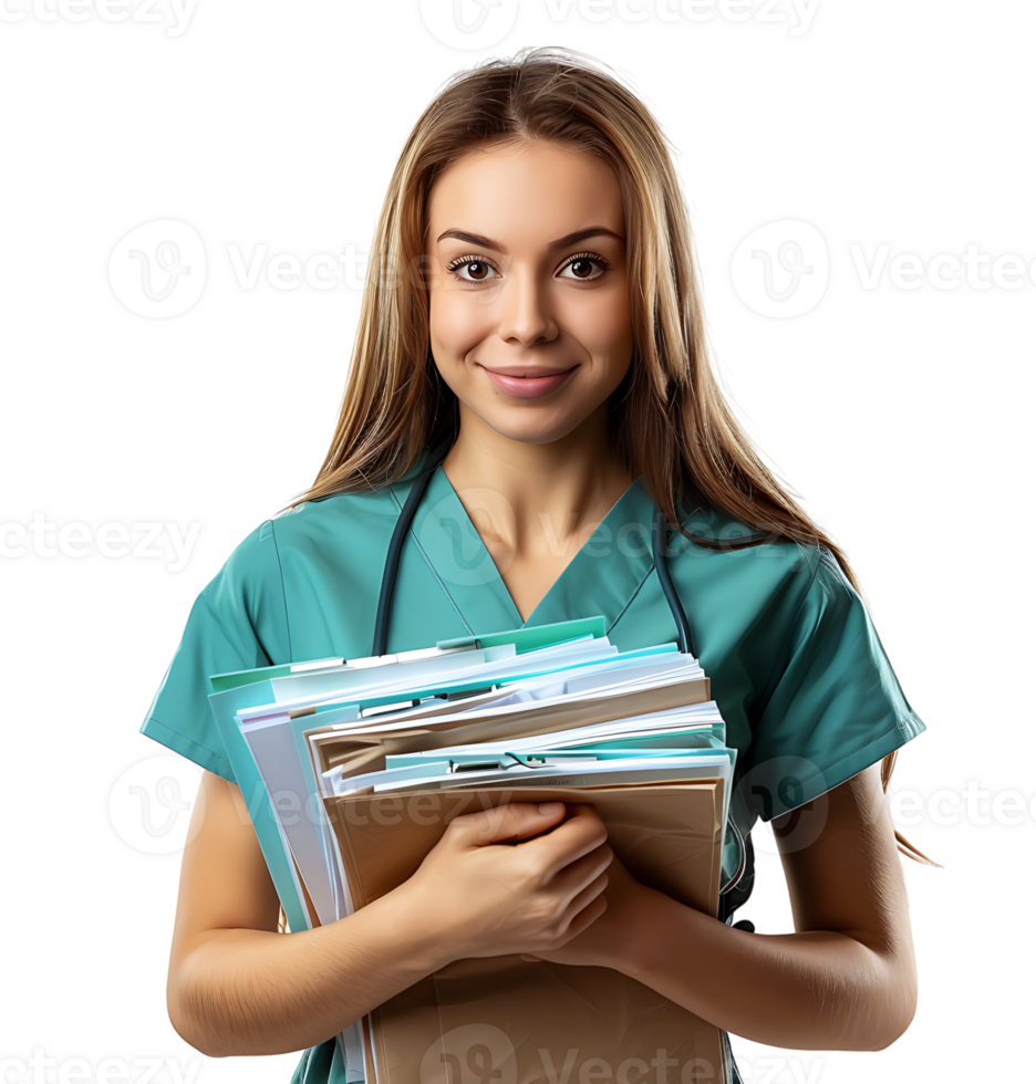 Nurse with documents in hands on isolated transparent background png