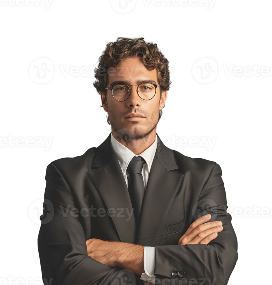 Businessman in black suit smiling towards camera on isolated transparent background png