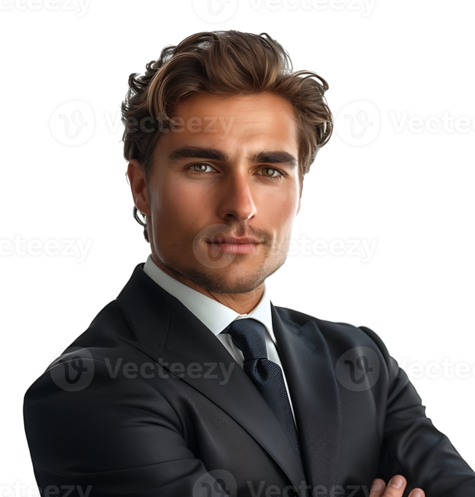 Businessman in black suit smiling towards camera on isolated transparent background png
