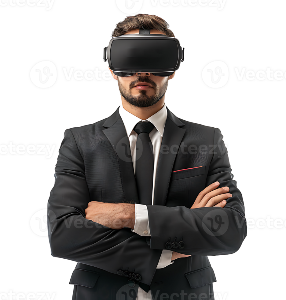 Confident male businessman wearing vr headset on isolated transparent background png