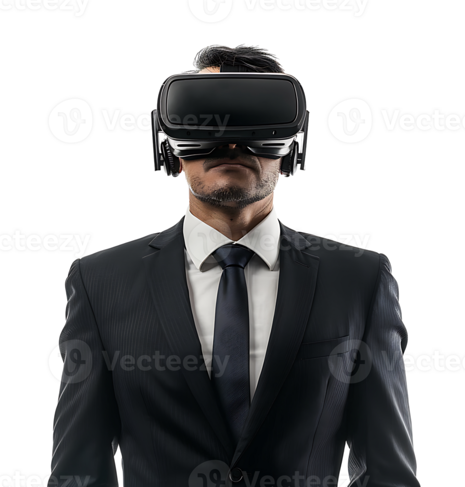 Confident male businessman wearing vr headset on isolated transparent background png