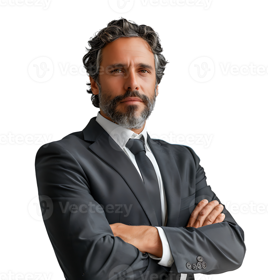 Businessman in black suit smiling towards camera on isolated transparent background png
