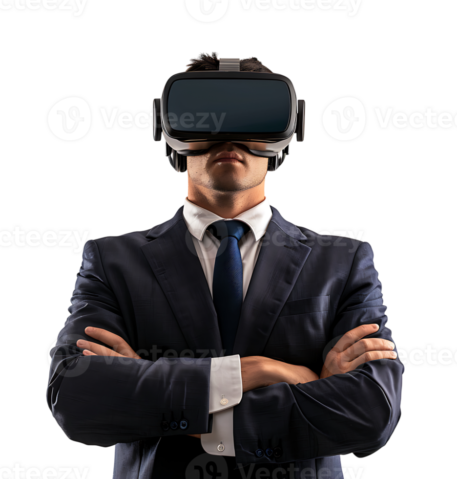 Confident male businessman wearing vr headset on isolated transparent background png
