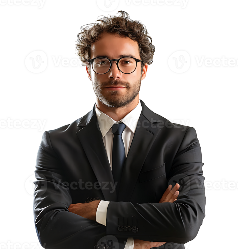 Businessman in black suit smiling towards camera on isolated transparent background png
